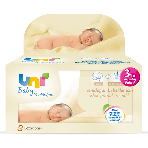 Uni Baby Yenidoğan Islak Pamuk Mendil 3`lü Paket 120 Yaprak